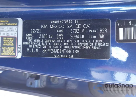 2022 Kia Forte Lxs из США, поврежденный, VIN 3KPF24AD1NE440188